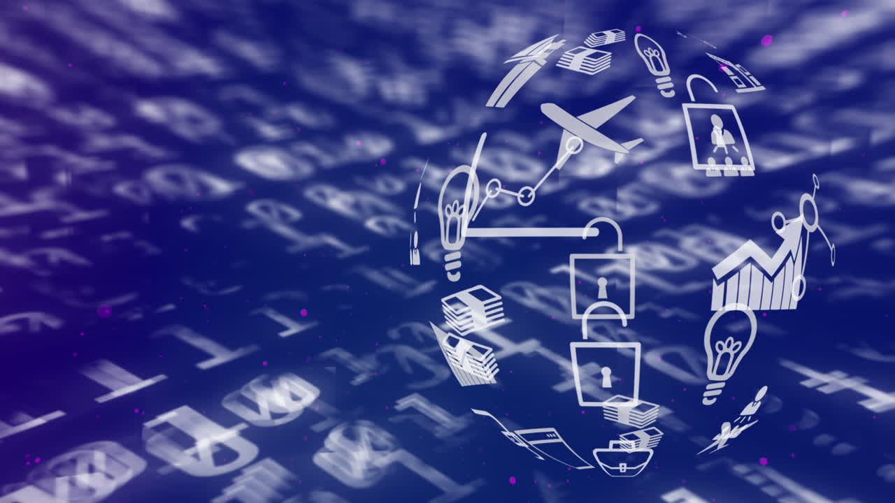 глобус цифровых икон, вращающийся на бинарном кодировании обработки данных на синем фоне