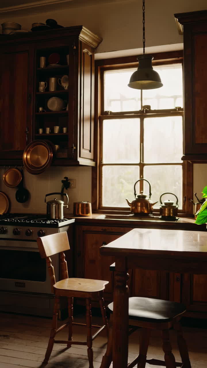 Cozy Kitchen Interior with Potted Plant and Sunlight