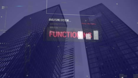 animation of data and graphs processing on navy digital screen over skyscrapers