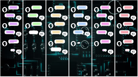 Animation-of-ai-text,-icons-and-data-processing-over-circuit-board