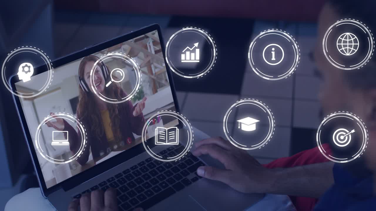 Coworkers initiating training call on laptop, icons fading around call window illustrating topics