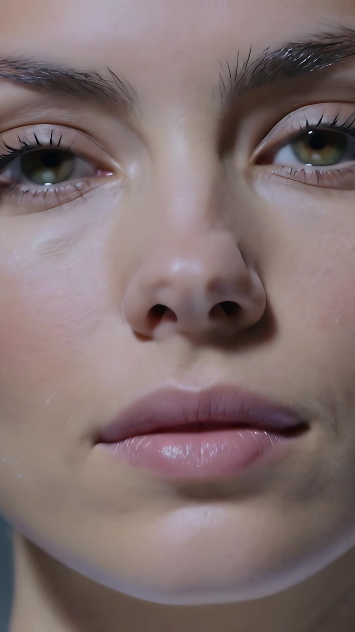 Vertical video: Camera pulling back to show woman closing and opening eyes in studio with droplet