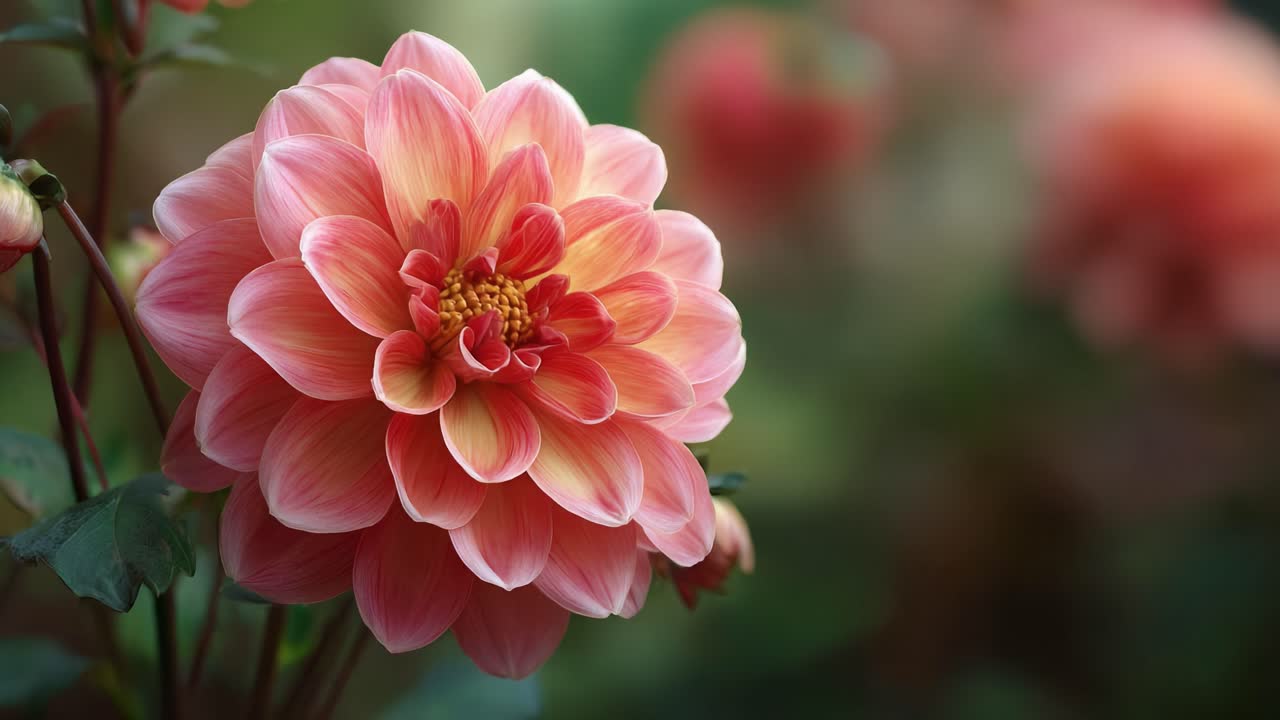 Un'affascinante vetrina di una vivace dalia rosa, che esibisce una straordinaria combinazione di sfumature e intricate formazioni di petali, sullo sfondo di uno sfondo delicatamente sfocato che ne esalta la bellezza