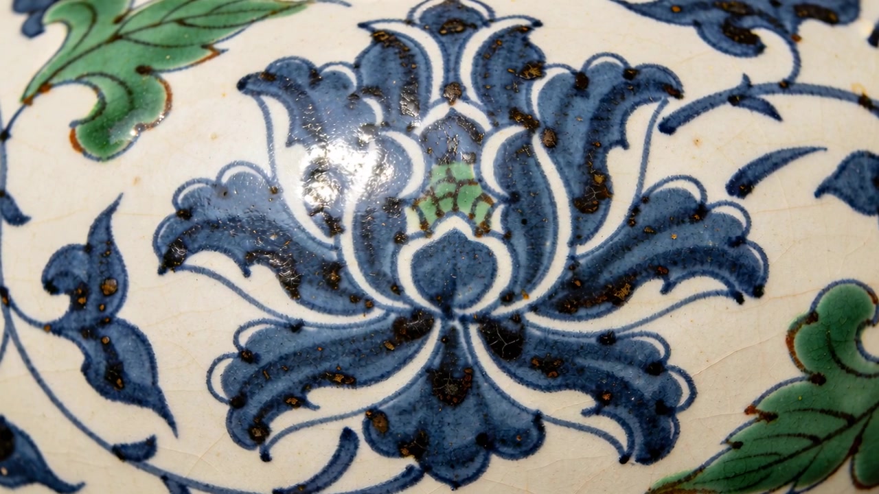 Avvicinandosi, la telecamera rivela un fiore blu con foglie verdi su ceramica smaltata, per mostrare la craquelure.