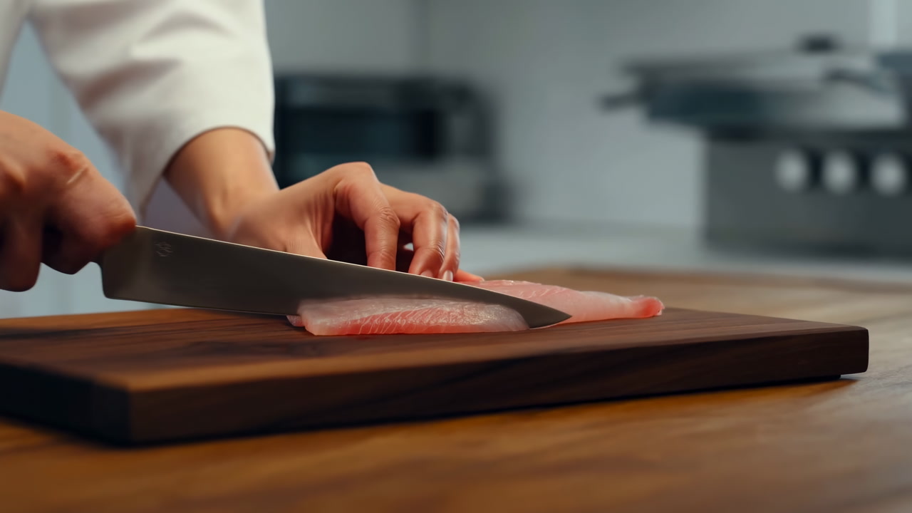 Chef Slicing Salmon On Cutting Board, Closeup Hands Trimming Fresh Salmon Fillet With Sharp Chef Knife