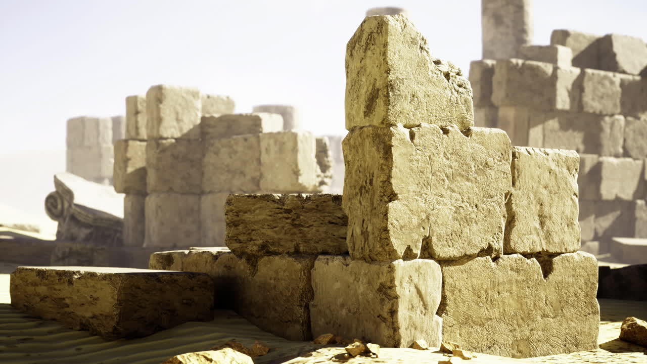 Ancient stone ruins in a sunlit desert landscape with weathered blocks