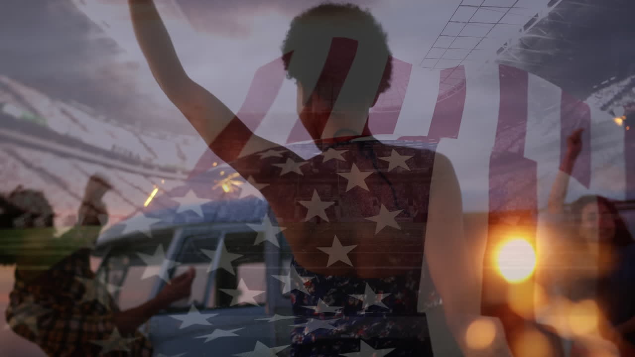 Animation of waving flag of usa over group of friends having fun on the beach and stadium
