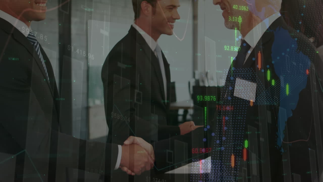 animação de processamento de dados financeiros ove empresários caucasianos apertando as mãos