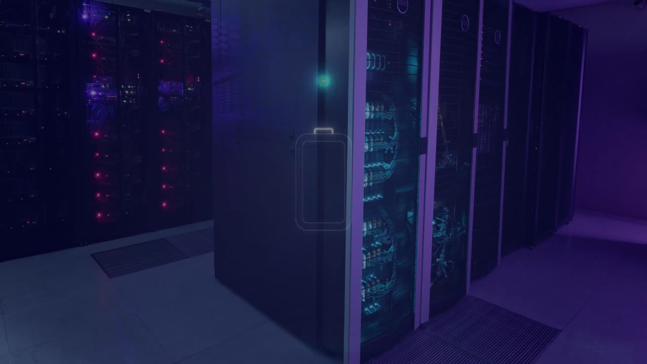 Animation of neon circle with battery over servers