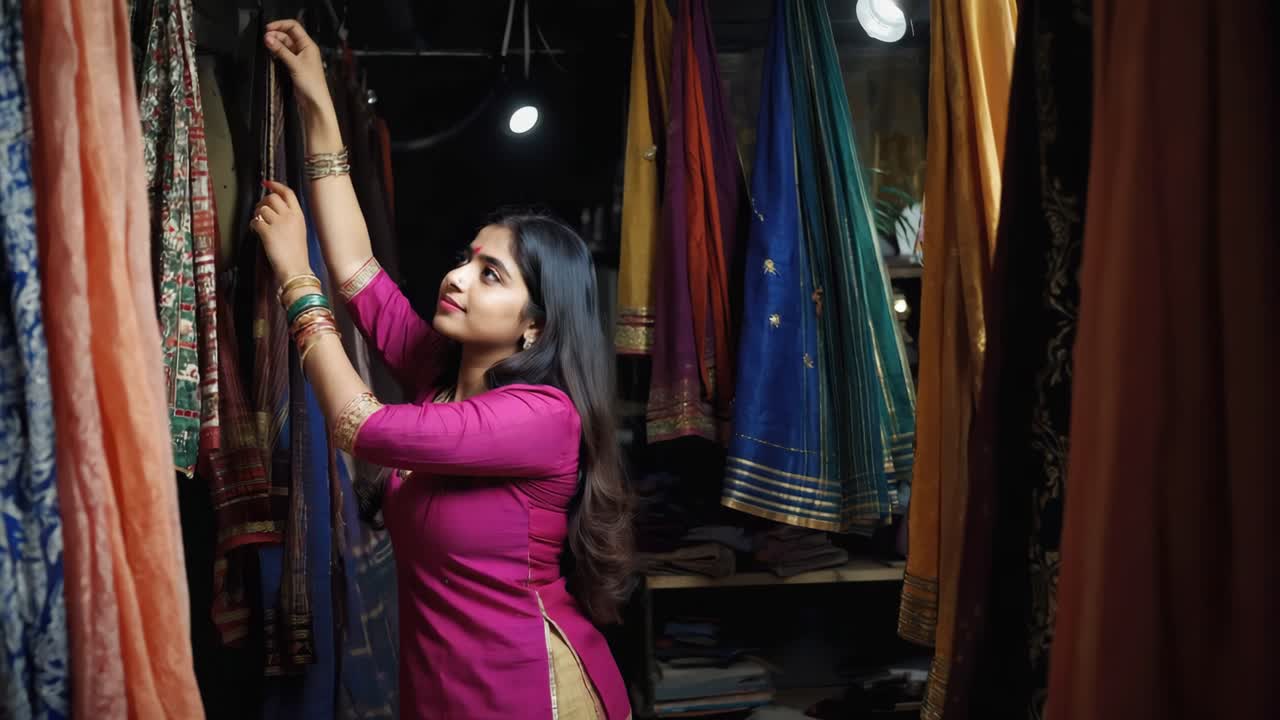 Young woman working in a traditional textile shop, browsing vibrant fabrics and colorful garments under the warm glow of soft lighting, immersed in a rich cultural experience