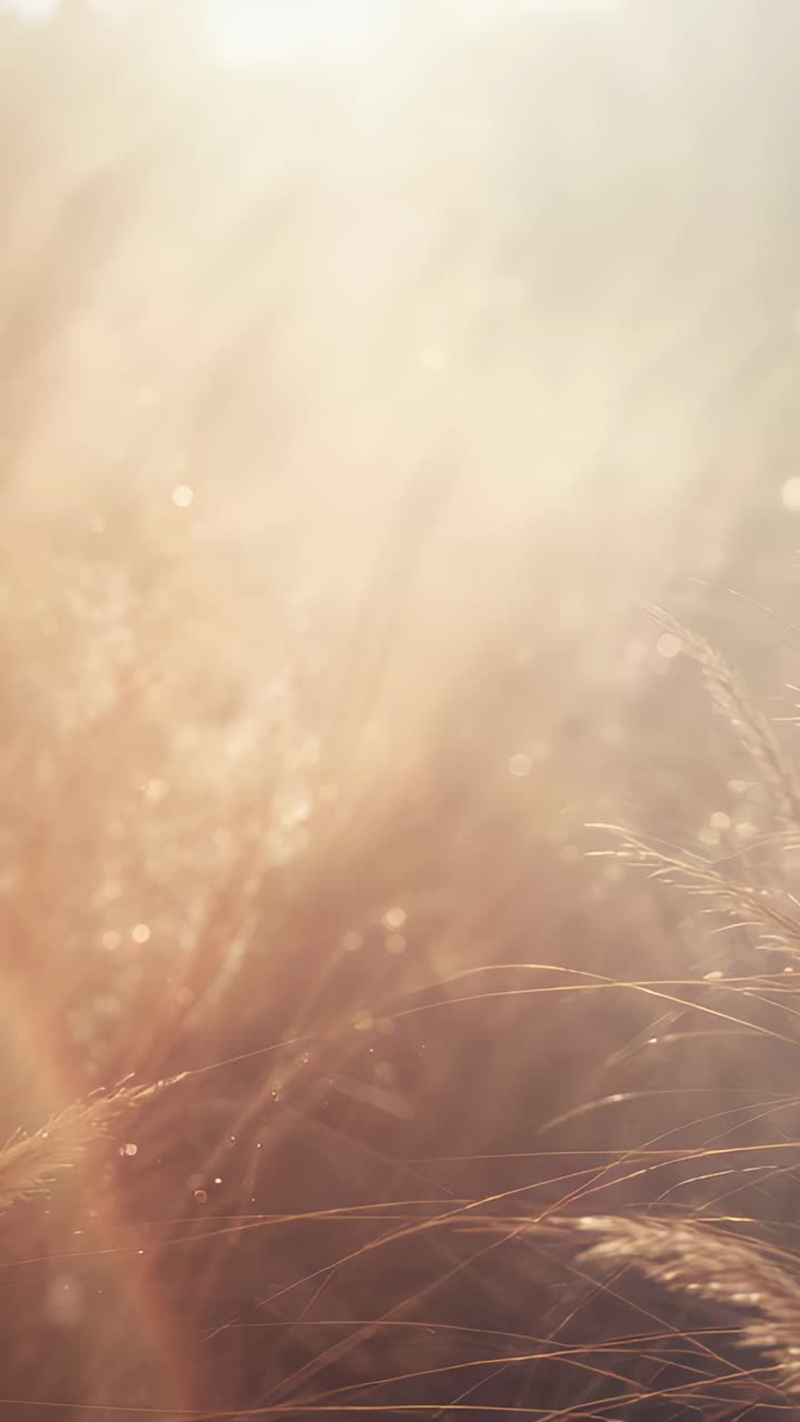 Vertical video: Swaying tall grass seed heads shifting in meadow, breeze and sun making dew gleam