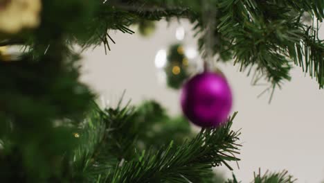 Primer-Plano-De-Bolas-Navideñas-Y-Adornos-En-El-árbol-De-Navidad-Verde.