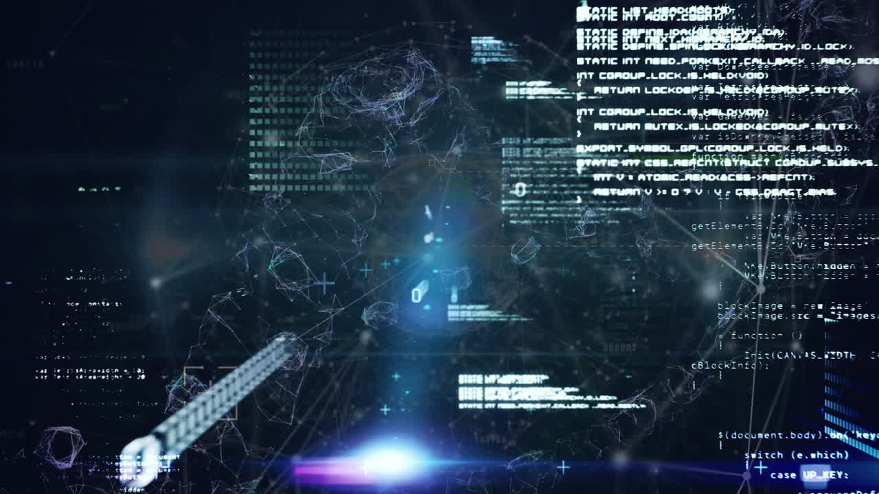 Animation of financial data processing over network of connections on black background