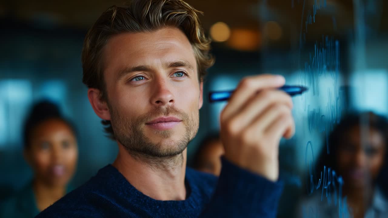 En fokusert person skriver på en transparent tavle, og illustrerer ideer og konsepter for et engasjert publikum i et samarbeidsorientert og moderne arbeidsområde designet for kreativitet og læring.