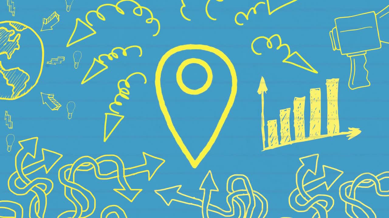 animación del icono del pin de ubicación delineado en amarillo dibujado a mano con un marcador en papel alineado en azul