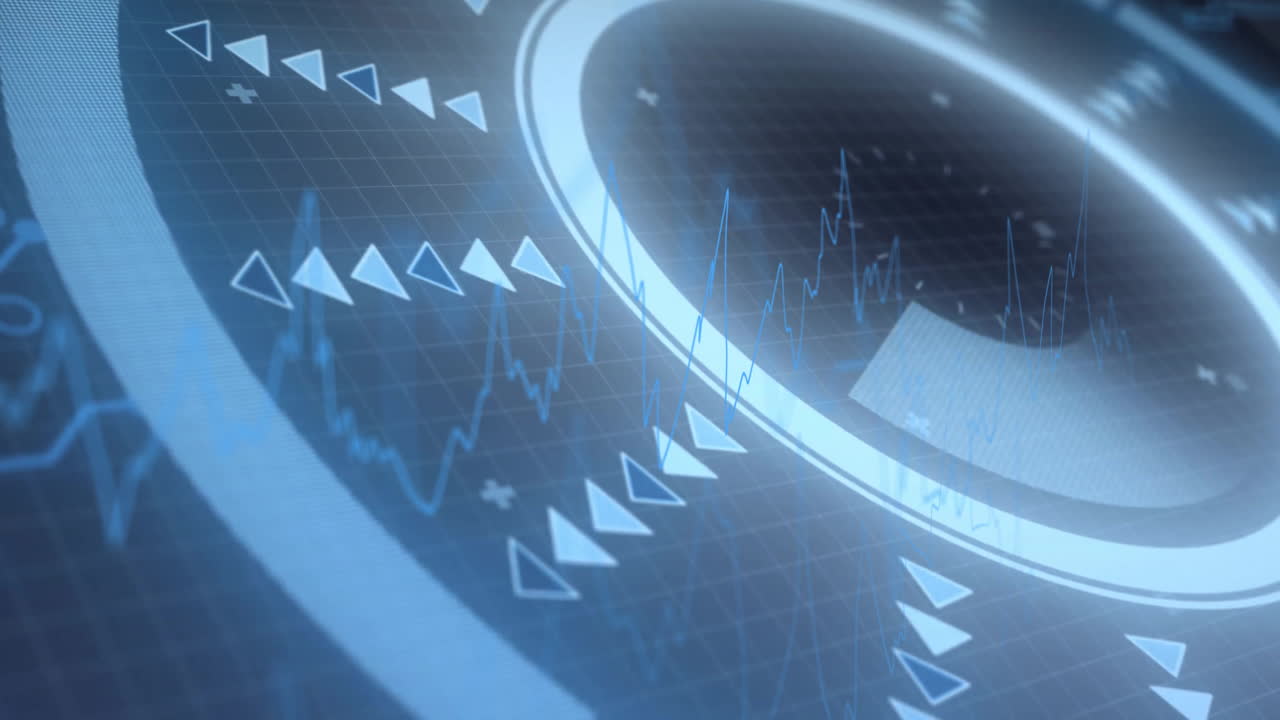 Animation of futuristic digital interface with graphs and patterns in blue tones