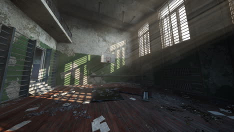 abandoned gymnasium with sunlight streaming through dusty windows