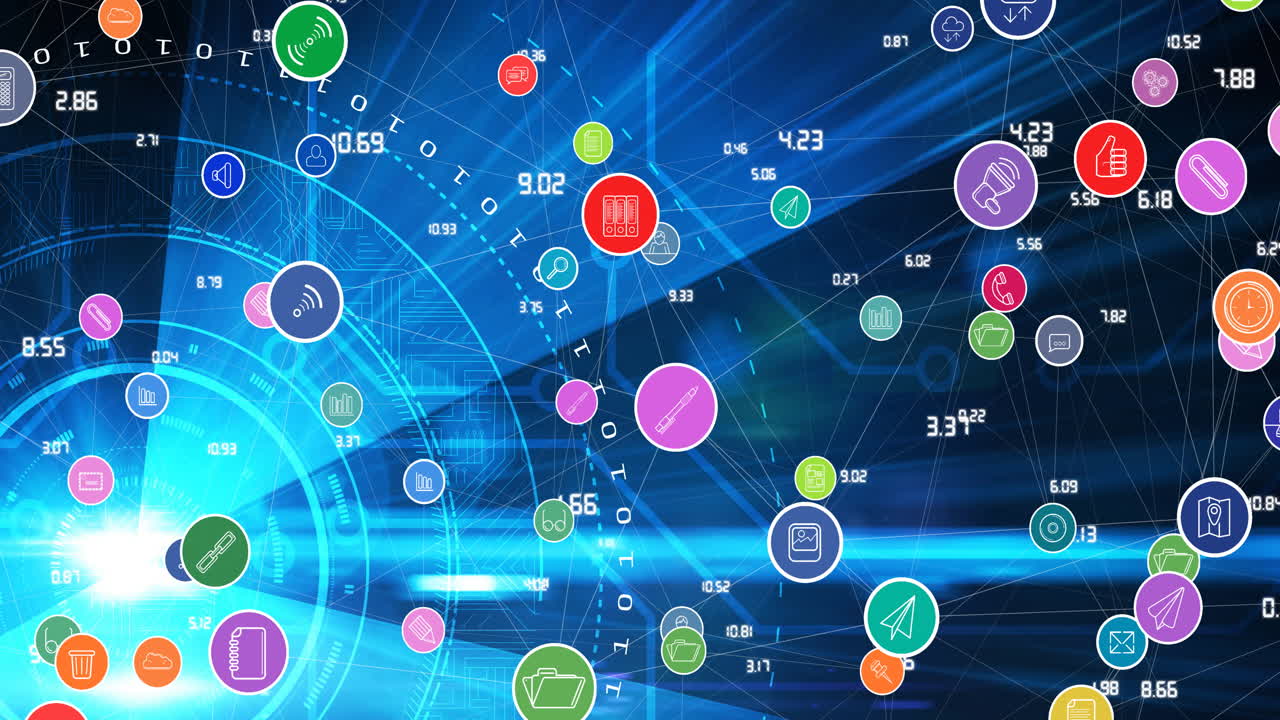 animación de la red de conexiones con iconos digitales sobre el escaneo de alcance en segundo plano