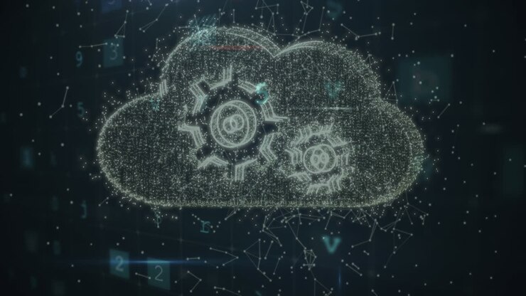 Animation of scanning, malware and cloud with cogs over black background