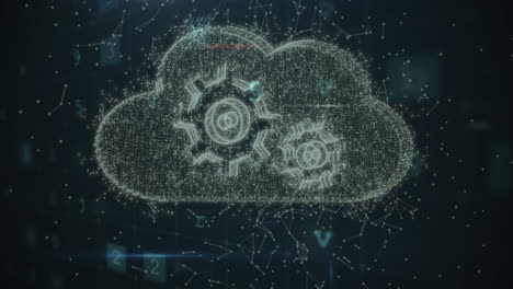 animación de escaneo, malware y nube con engranajes sobre fondo negro