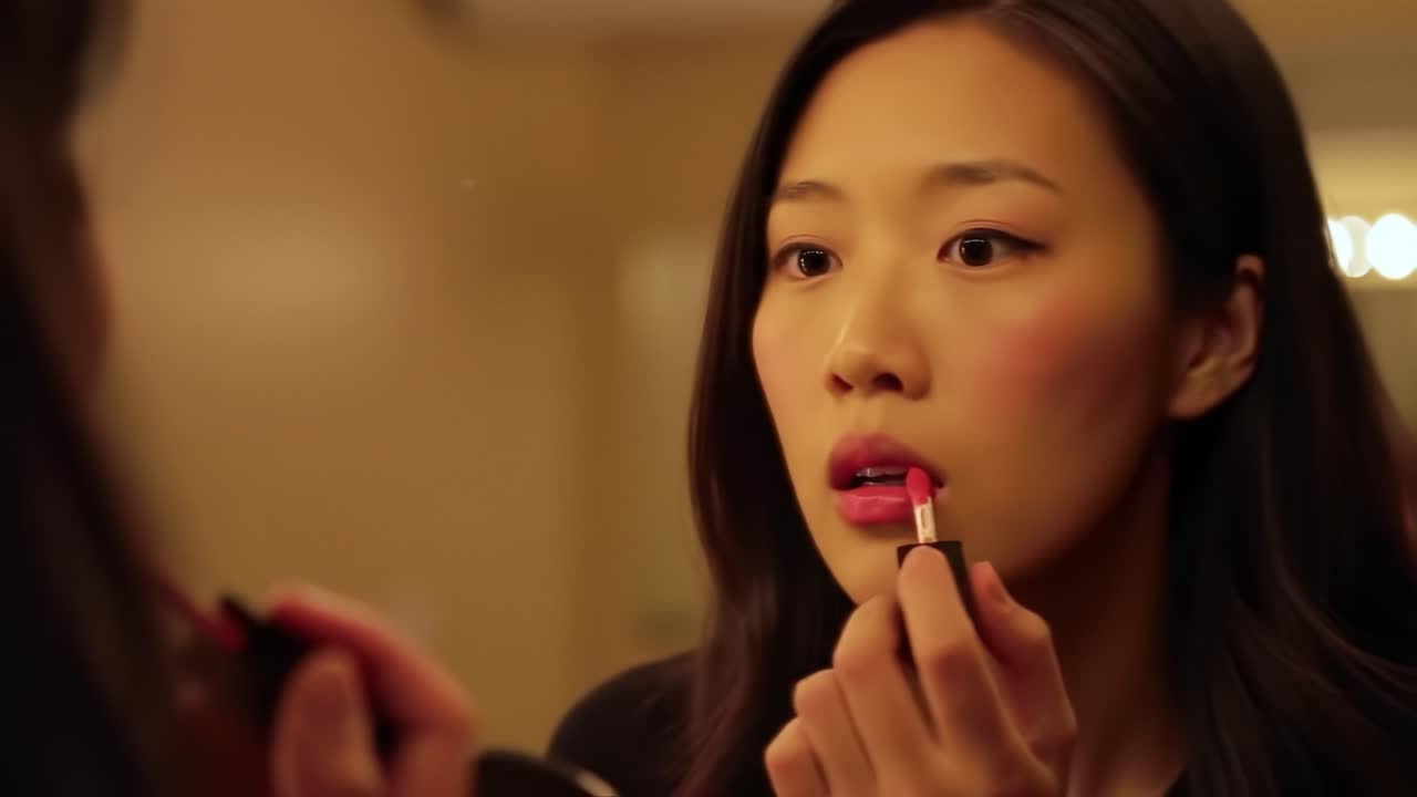 A Woman Perfectly Applying Lipstick in Front of a Mirror: Capturing the Elegance of Beauty and Self-Confidence in a Glamorous Setting