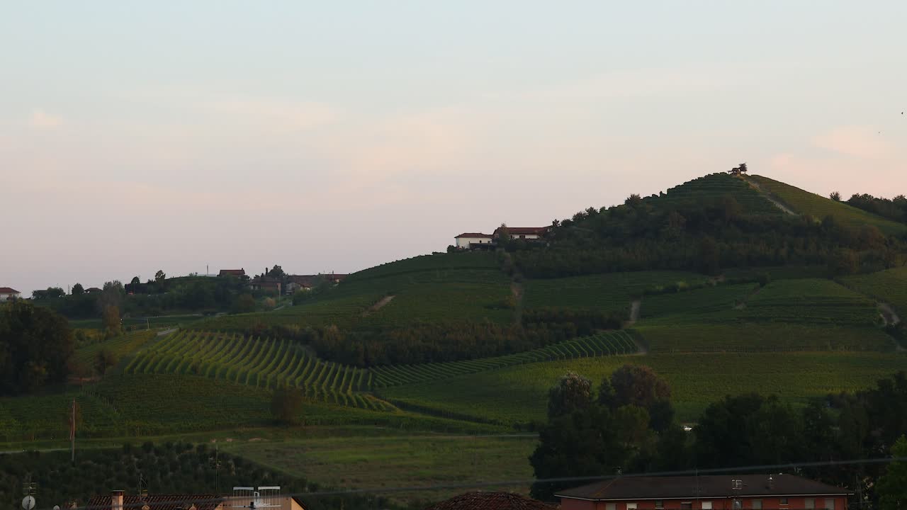 Vista al tramonto di rigogliose colline verdi