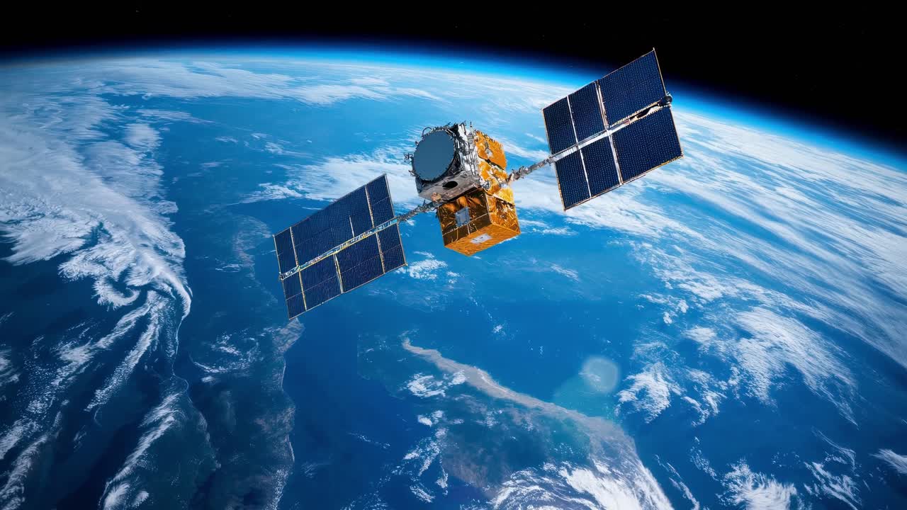 A satellite orbits Earth in a high-angle shot, capturing the vastness of space