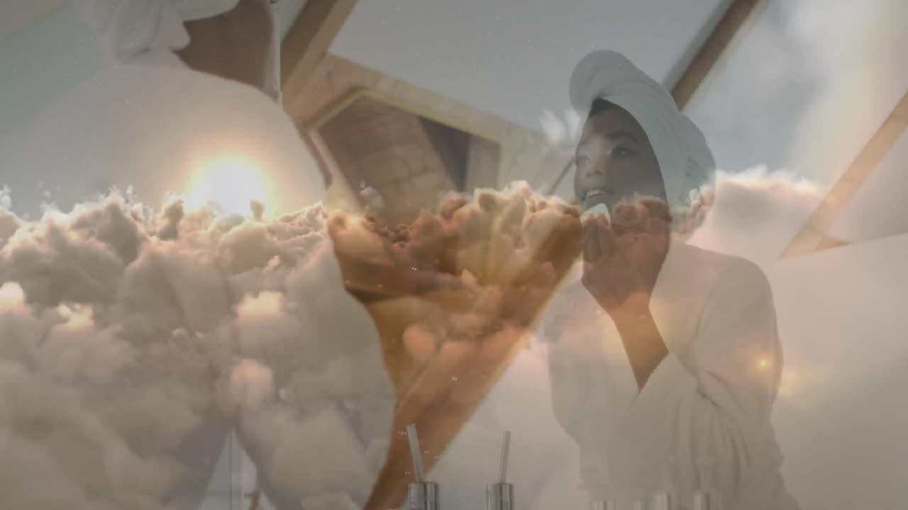 아프리카계 미국인 여성이 구름 위에서 메이크업을 제거하는 애니메이션