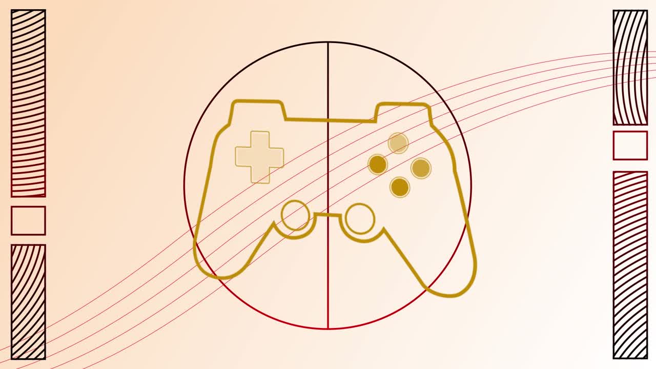 Animation of neon game pad over geometrical shapes on white background
