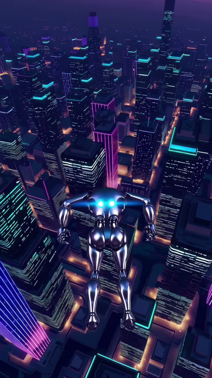 Robot Flying Above a Cyberpunk City at Night