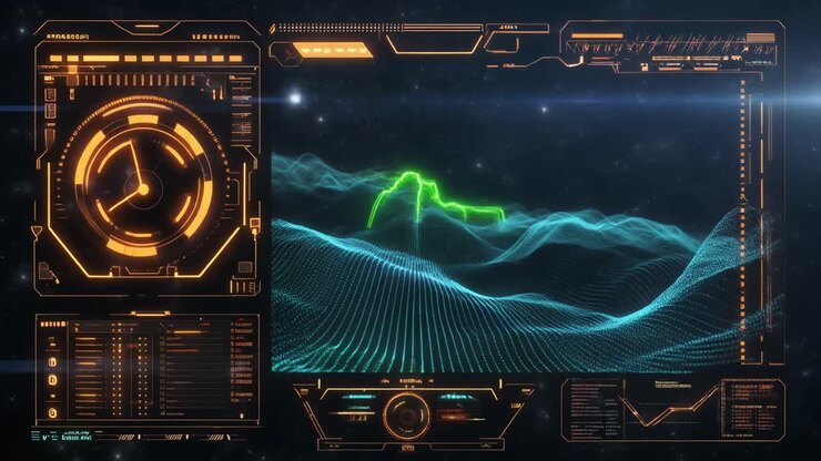 Futuristic HUD Display with Digital Data Visualization and Human Scan