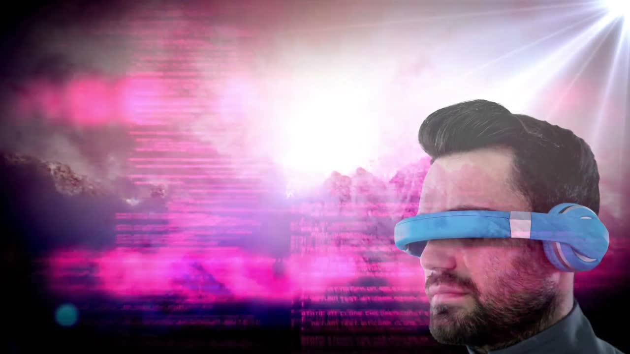 animación del procesamiento de datos sobre el hombre que usa auriculares vr en el cielo con nubes