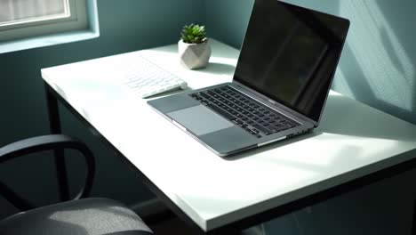 a clean and minimalist workspace featuring a modern laptop, white keyboard, and potted plant on a bright desk surrounded by soft natural light