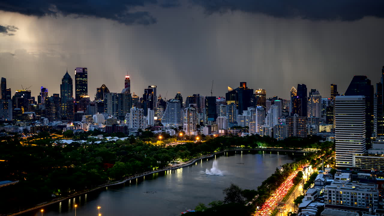 Dramatic Bangkok Skyline at Sunset with Storm Clouds