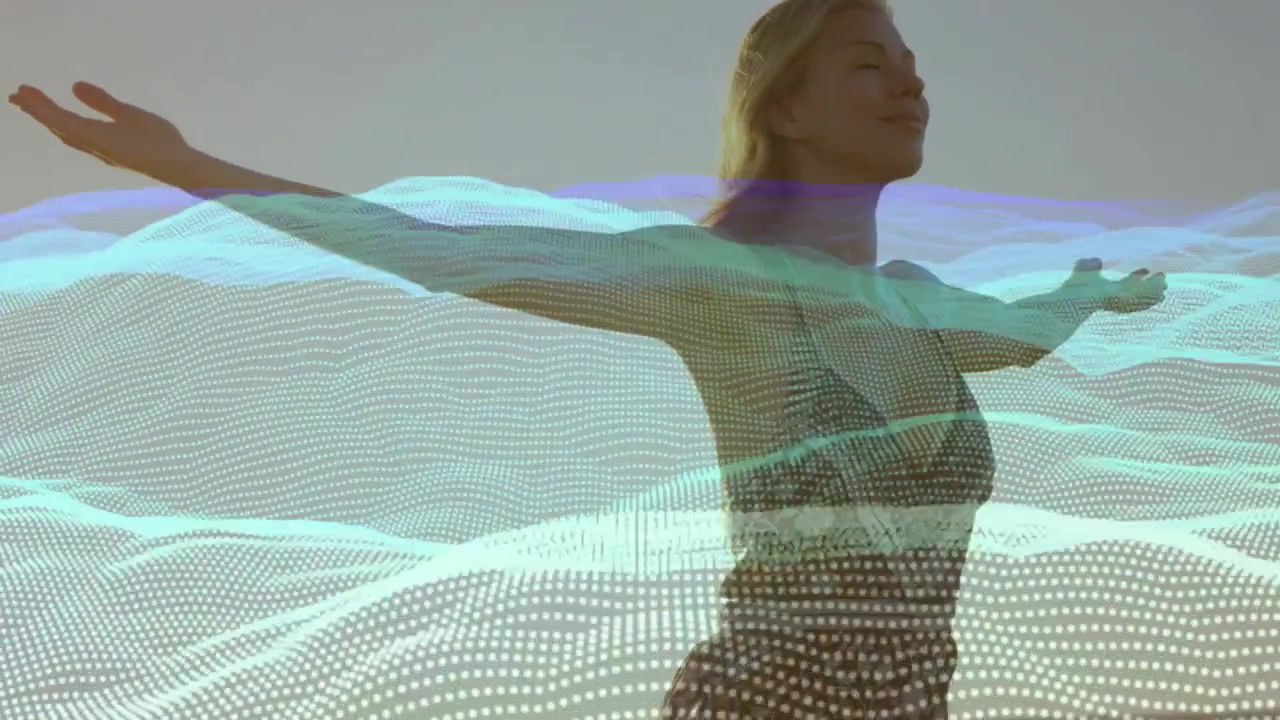 Mid adult woman lifting arms under clear sky, emerging data wave grid visualizing health data