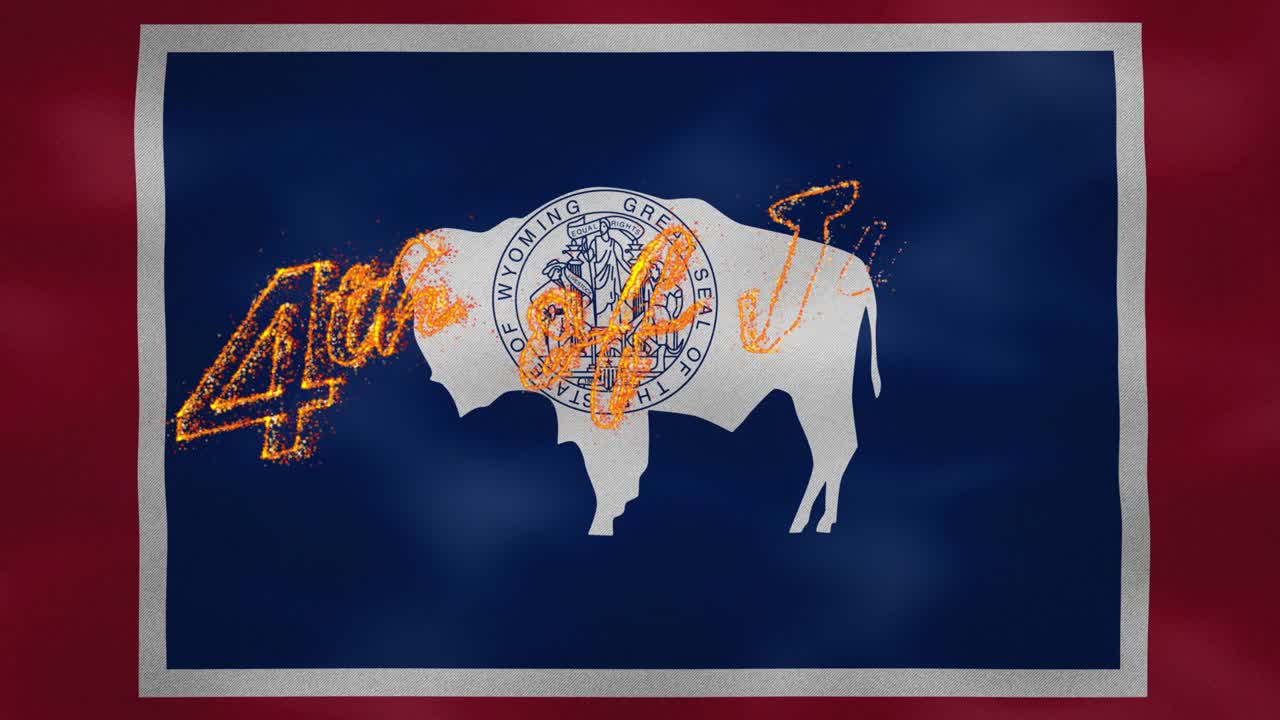 Wyoming Flaggenhintergrund für 4. Juli Feuer-Schriftzug, Schleife