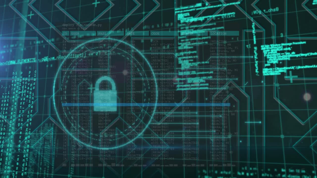 Animation of digital data processing over dark background