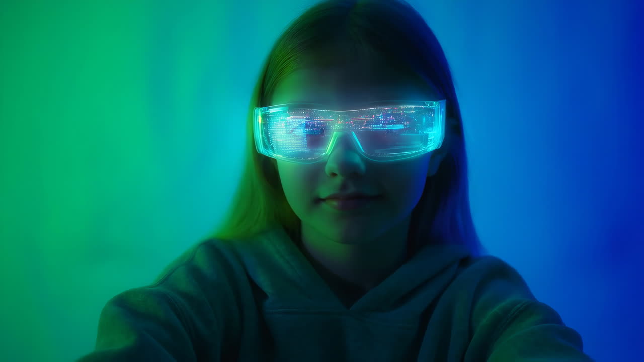 Ragazza con occhiali futuristici luminosi sotto luce al neon