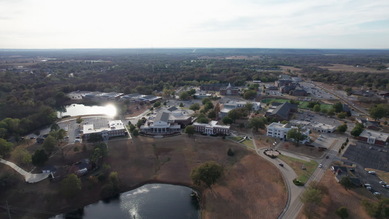 Push in on Rogers University in Claremore, Oklahoma, aerial view