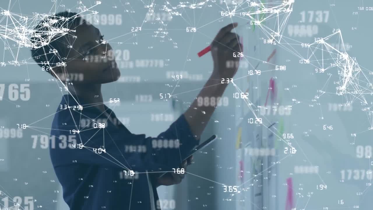 Animation of network of connections over african american businesswoman in office