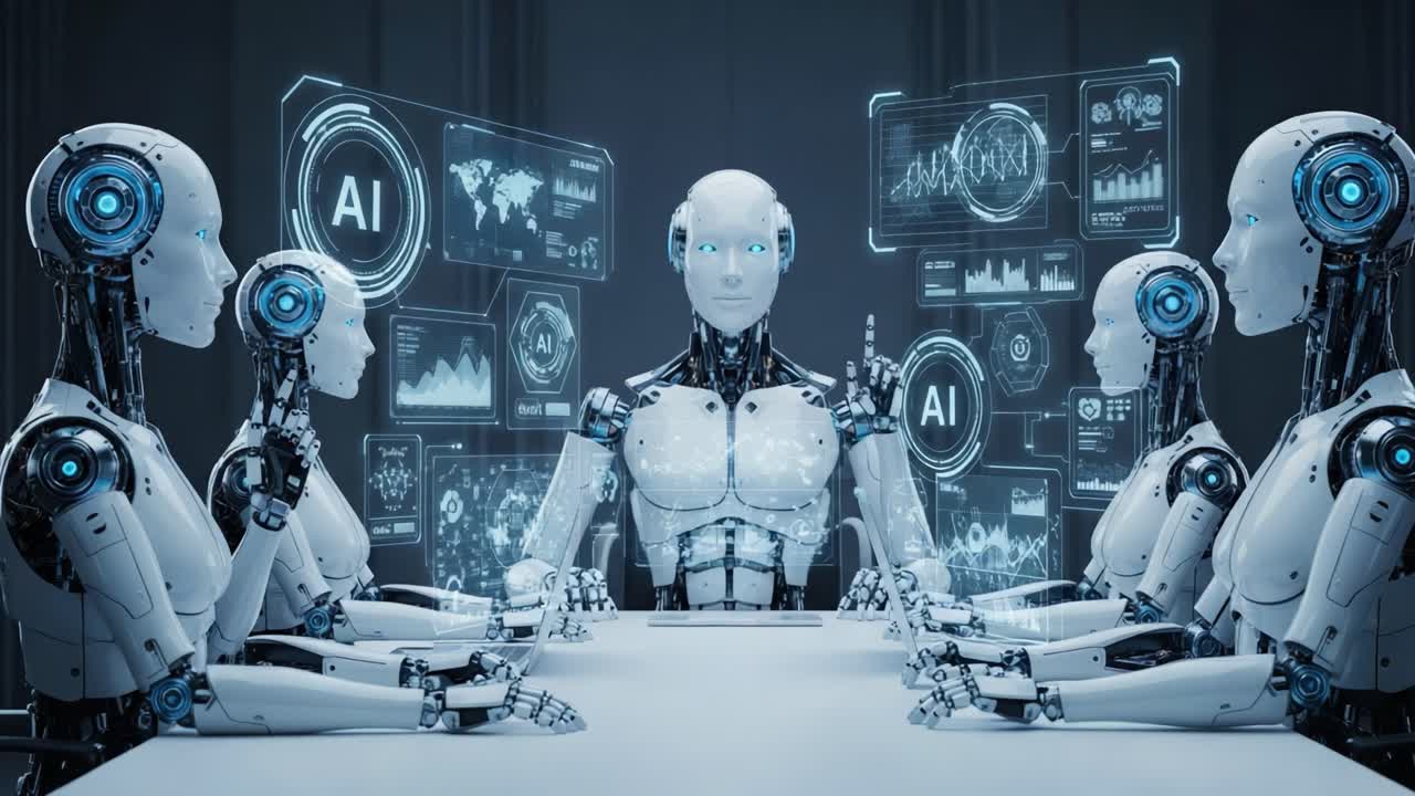 A Futuristic Meeting of Advanced Robots Discussing Artificial Intelligence and Data Analysis in a High-Tech Environment with Holographic Displays