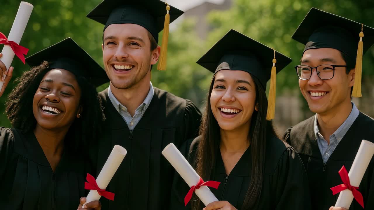 Joyful graduates in caps and gowns hold diplomas, captured from a front-facing angle