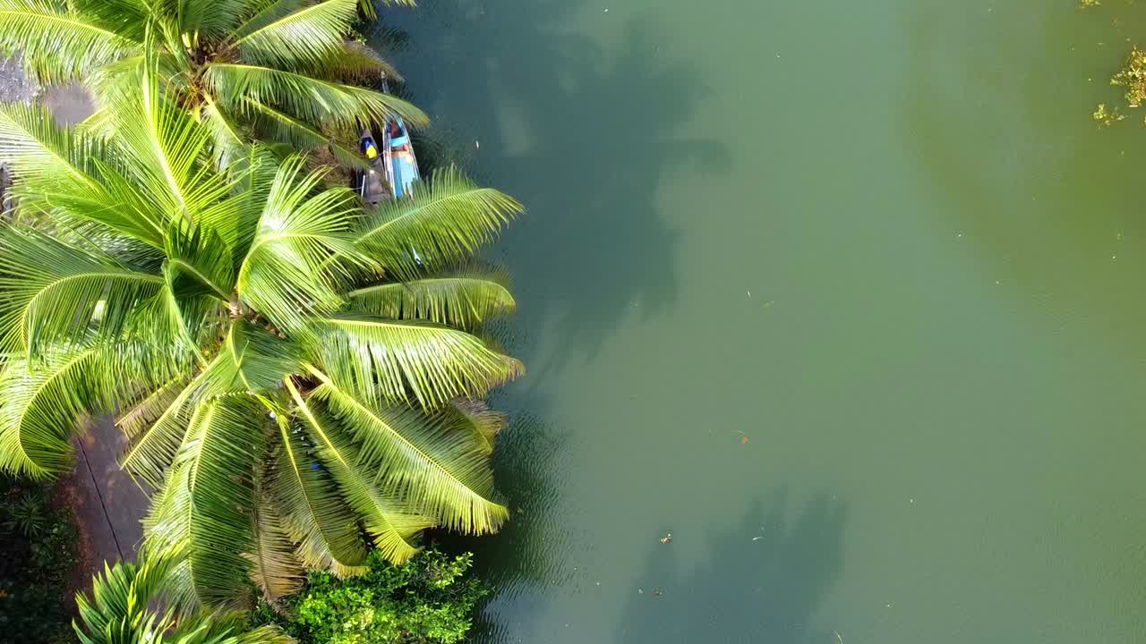 Vista aerea dall'alto di un tranquillo fiume tropicale con rigogliose palme verdi, una piccola barca blu ormeggiata a riva e acqua calma e torbida che riflette la luce intensa del sole.
