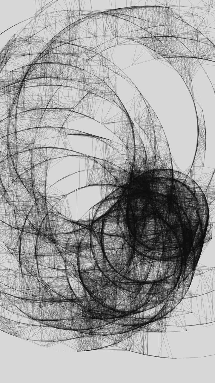 Struttura geometrica fluida forma collegamenti rotanti attraverso uno spazio bianco pulito. Sfondo tecnologico ideale per visualizzazione dati, informatica e temi di sistemi