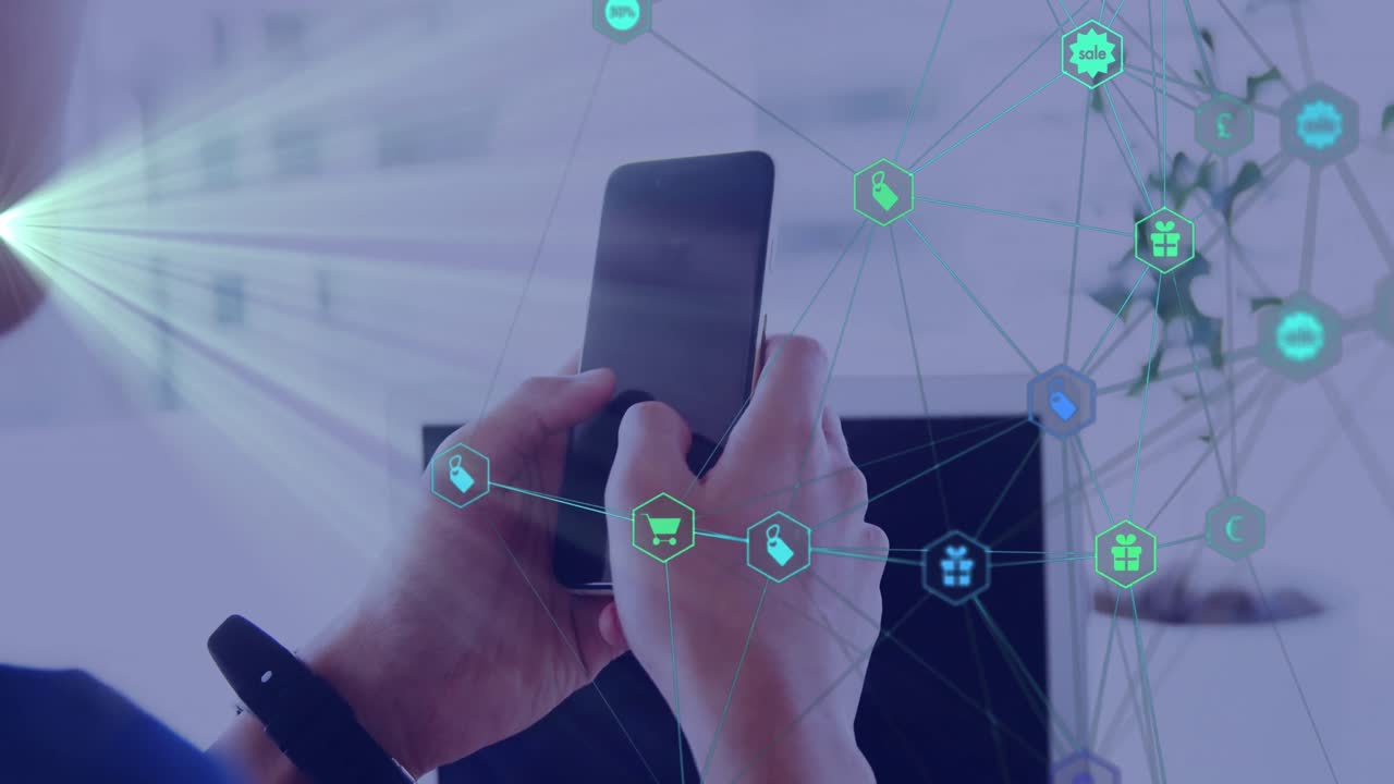 animación de una red de iconos sobre un empresario caucásico que usa un teléfono inteligente