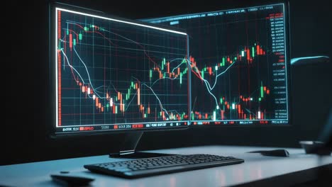 gráficos del mercado de valores en un doble monitor