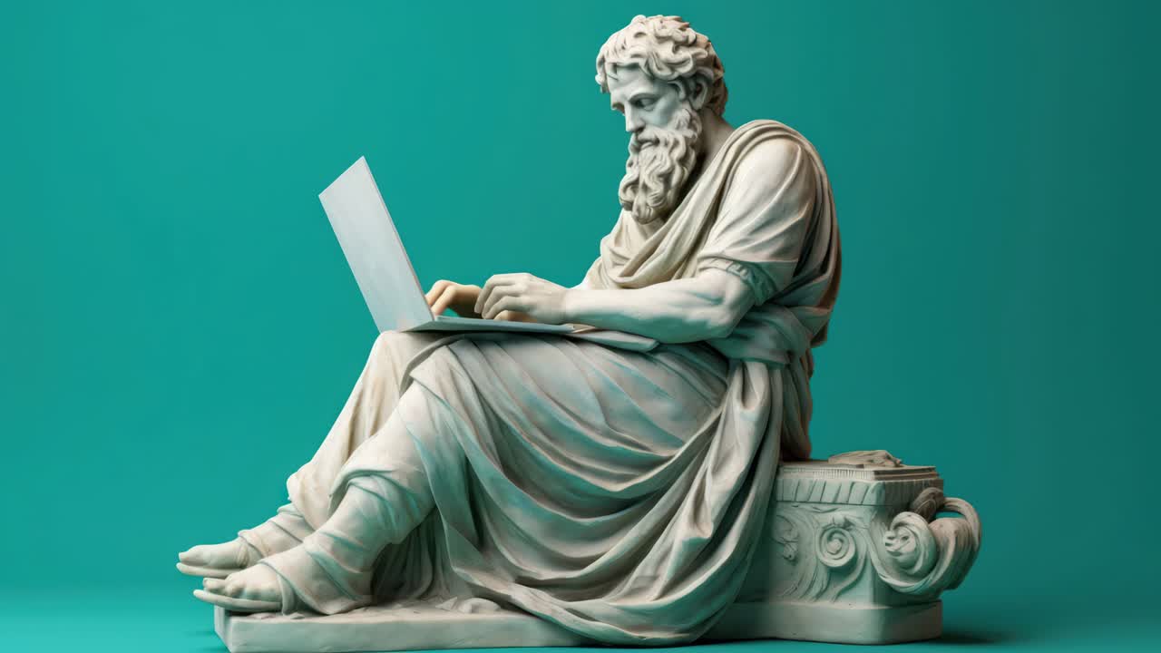 A low-angle shot of a classical statue using a laptop, blending ancient art with modern technology