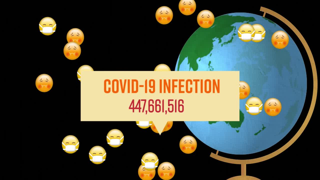 Animation of covid text and falling emoji over globe