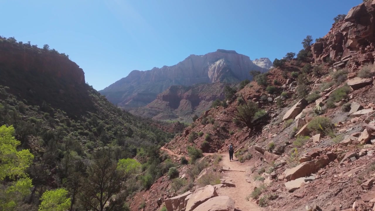Un escursionista su un sentiero attraverso le scogliere rosse del Parco Nazionale di Zion
