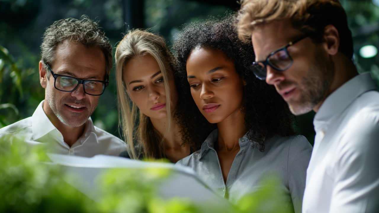 A group of professionals engage in a collaborative discussion, intensely examining a detailed document amidst a lush greenery background, showcasing teamwork and concentration in a creative setting